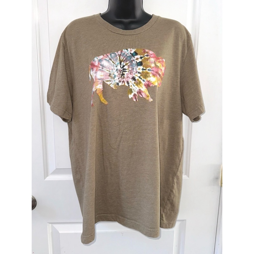 Tie dye buffalo print on a brown Bella canvas tee